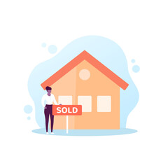 real estate agent with sold sign near a house, vector art