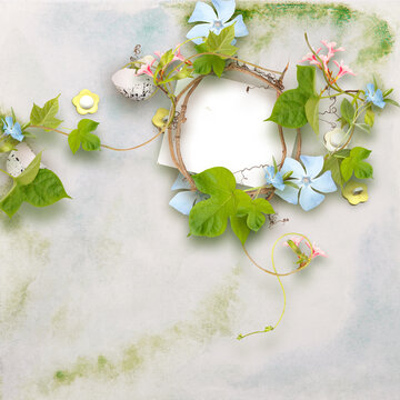 Easter frame for photo with blue, pink flowers. Decorative frame in scrapbook style with wild flowers. Romantic theme. Summer or spring flowers theme