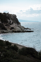 Top view aerial image from drone of an stunning beautiful sea landscape beach with turquoise water. Beautiful Sand beach with turquoise water,aerial drone shot. 'Foca' Izmir Turkey