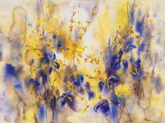 Yellow and violet spring flowers watercolor background - 423369779