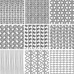 Vector set of seamless endless hand-drawn ink patterns in black isolated on white background. Simple geometric uneven doodles, repeating ornament, primitive childish style. Print on paper, textiles