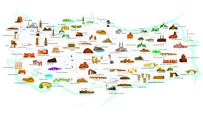 Turkey's historical and touristic places. 84 touristic place. Vector images. 