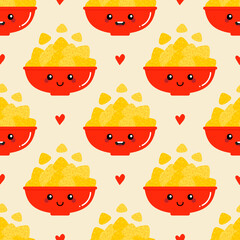 Cute smiling cartoon style nacho chips, tortilla chips in bowls with red hearts vector seamless pattern background.