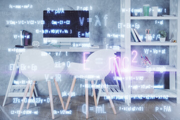 Double exposure of formulas drawing and office interior background. Concept of education.