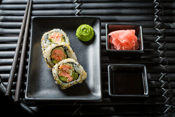 Fresh sushi with wasabi and soy sauce. Japanese cuisine.