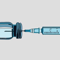 The needle of the syringe is stuck in a bottle with a vaccine or medicine. Hand drawing on a medical theme. - 423372313