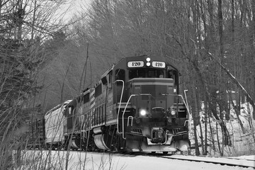 Plakat Freight train during winter Black and white