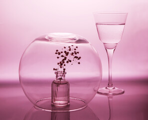 Still life with glass objects on a pink background. For interior printing. For the poster
