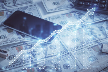Double exposure of forex graph drawing over us dollars bill background. Concept of financial markets.