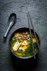 Hot miso soup with salmon. Old Japanese cuisine.