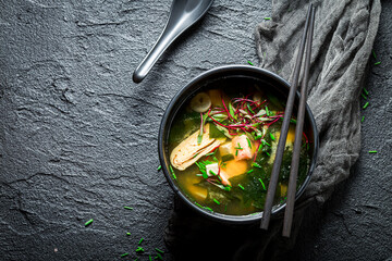 Tasty miso soup with salmon. Old Japanese cuisine.