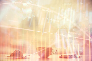 Double exposure of forex chart over coffee cup background in office. Concept of financial analysis and success.
