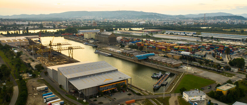 Industrial ship port in Csepel, Hungary.