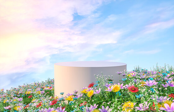 Natural Beauty Podium Backdrop With Spring Flower Field Scene. 3d Rendering. 