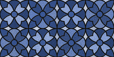 Fototapeta premium Sketch of a colored stained glass window. Flower stained-glass background. Art Nouveau. Blue. Modern stained glass. Expression of color. Vintage. Floral seamless pattern.