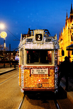 Budapest Christmas Trams illuminated at Night