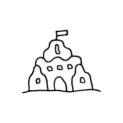 Doodle image of a sand castle. Hand-drawn image for print, sticker, web, various designs. Vector element for the themes of travel, vacation, tourism.