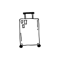 Doodle image of a suitcase on wheels. Hand-drawn image for print, sticker, web, various designs. Vector element for the themes of travel, vacation, tourism.