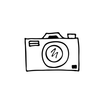 Doodle photo of a camera. Hand-drawn image for print, sticker, web, various designs. Vector element for the themes of travel, vacation, tourism.