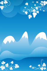 Blue background with mountains and decorative vine pattern