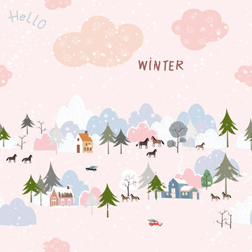 Seamless Cute winter landscape with snow in Village,Repeat pattern Vector cartoon in small town with farmhouse and horse in countryside,Endless illustration of Vertical banner winter forest pine tree