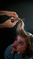 Obraz premium Little boy, toddler is afraid and doesn't want to cut his hair. A baby boy is fearful of getting his haircut for the first time.