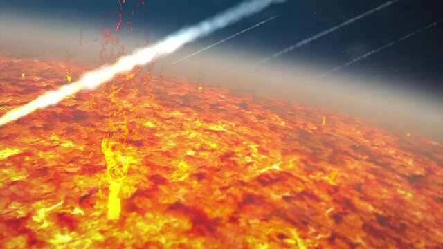 Group of burning exploding asteroids from deep space approaches to fire planet