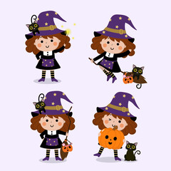Happy halloween greeting card with cute witch, pumpkin and black cat. Holidays cartoon character vector