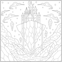Amazing fantasy rock castle floating in the sky. Learning and education coloring page illustration for adults and children. Outline style, black and white drawing