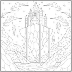 Amazing fantasy rock castle floating in the sky. Learning and education coloring page illustration for adults and children. Outline style, black and white drawing © gurjigur