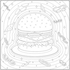 Delicious and fancy cheese burger with floating burger ingredients. Learning and education coloring page illustration for adults and children. Outline style, black and white drawing