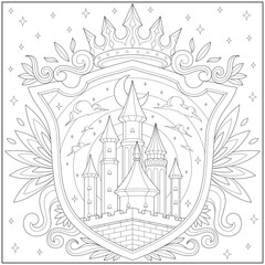 Fantasy castle kingdom with shield border and crown. Learning and education coloring page illustration for adults and children. Outline style, black and white drawing