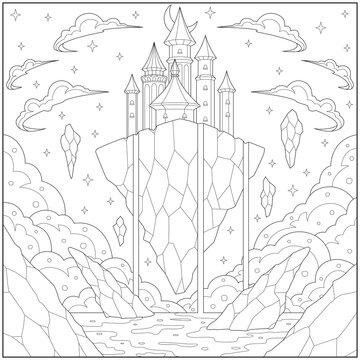Amazing fantasy rock castle floating in the sky. Learning and education coloring page illustration for adults and children. Outline style, black and white drawing