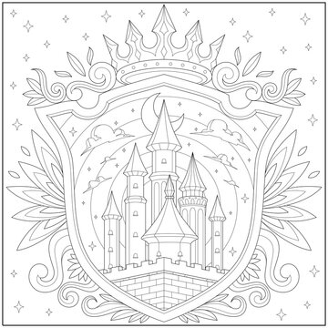 Fantasy castle kingdom with shield border and crown. Learning and education coloring page illustration for adults and children. Outline style, black and white drawing