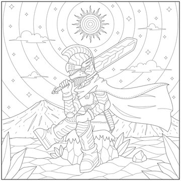 Fantasy caped knight sit on the stone in the mountain landscape under sunny skies. Learning and education coloring page illustration for adults and children. Outline style, black and white drawing