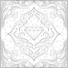 Amazing abstract emerald gemstone with artistic border. Learning and education coloring page illustration for adults and children. Outline style, black and white drawing
