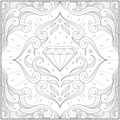 Amazing abstract emerald gemstone with artistic border. Learning and education coloring page illustration for adults and children. Outline style, black and white drawing