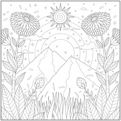 Fantasy sunflower and grass grow in the mountain under the sunny sky. Learning and education coloring page illustration for adults and children. Outline style, black and white drawing