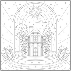 Fantasy house in the glass ball under the sun and sunny sky. Learning and education coloring page illustration for adults and children. Outline style, black and white drawing