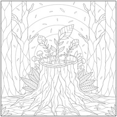 Fantasy plant and flower grow on the tree root in the forest. Learning and education coloring page illustration for adults and children. Outline style, black and white drawing