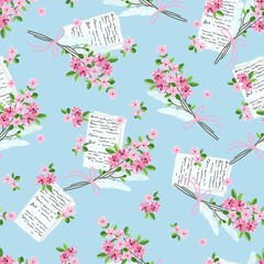 Seamless pattern with letters and bouquets of flowers. Suitable for textiles and typography. - 423378531