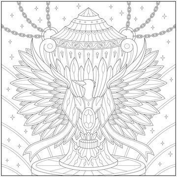 Fantasy Jewel swan trophy with amazing wings and iron chain. Learning and education coloring page illustration for adults and children. Outline style, black and white drawing