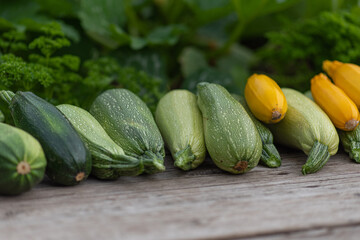 spotted green and yellow zucchini on a wooden background. flat layout. gardening and agriculture concept.