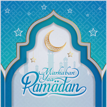 Greeting of marhaban ya ramadhan with lettering. ied Mubarak, elegant blue background Template (English: Welcome Ramadan)