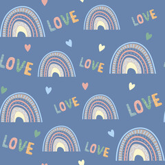 Seamless pattern. Hand drawn rainbow pattern in boho style. Abstract minimalist elements. Scandinavian design in pastel colors. Vector background for fabric, packaging, textiles, wallpaper, clothes