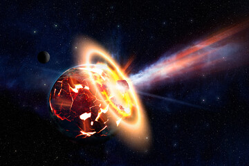 Big asteroid crashing on the surface of an Earth planet. 