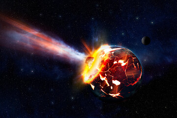 Big asteroid crashing on the surface of an Earth planet. 