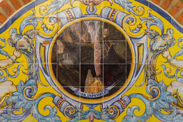 Arte o Art con Azulejo o Tile en el pueblo de Aracena, en la provincia de Huelva, en la comunidad autonoma de Andalucia, en el pais de España