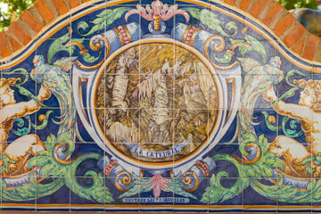 Fototapeta na wymiar Arte o Art con Azulejo o Tile en el pueblo de Aracena, en la provincia de Huelva, en la comunidad autonoma de Andalucia, en el pais de España