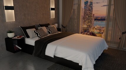 bedroom luxury, image, sunset light, modern, minimalise , simple, render, 3D